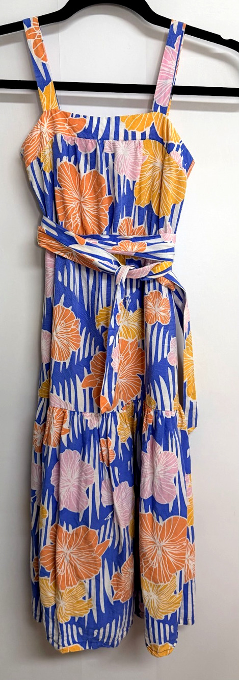 Ava Sky Honolulu Hawaii Tiered Sundress Girl 8 Blue Floral Linen Belted Boho